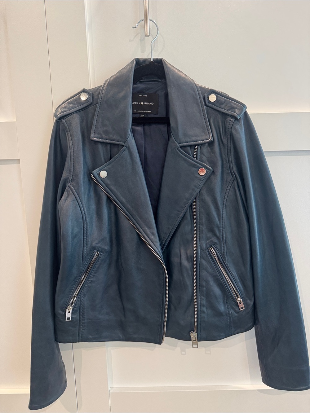 Lucky Brand Women's Dark Blue Leather Moto Jacket